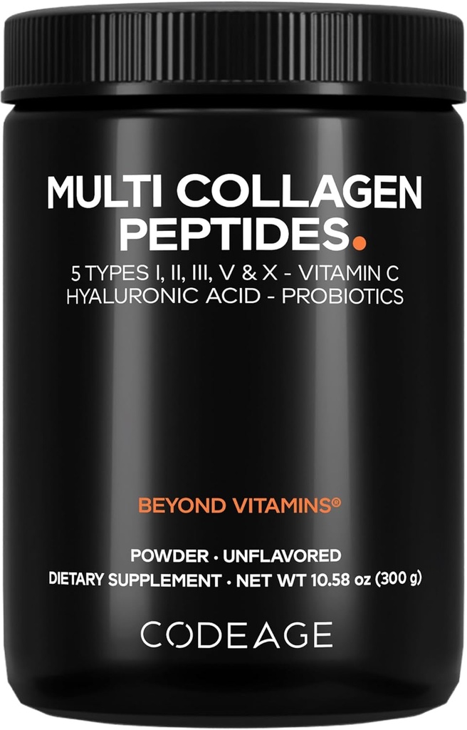 Kodegatsioon Multi kollageenpeptiidid Pulber + probiootikumid Must Edition, C-vitamiin, hüaluroonhappe pulber Toidulisand, Grass-Fed, Hüdrolüüsitud, Zero Carbs, tüüp I, II, III, V & X, Maitsestamata, 10.58oz