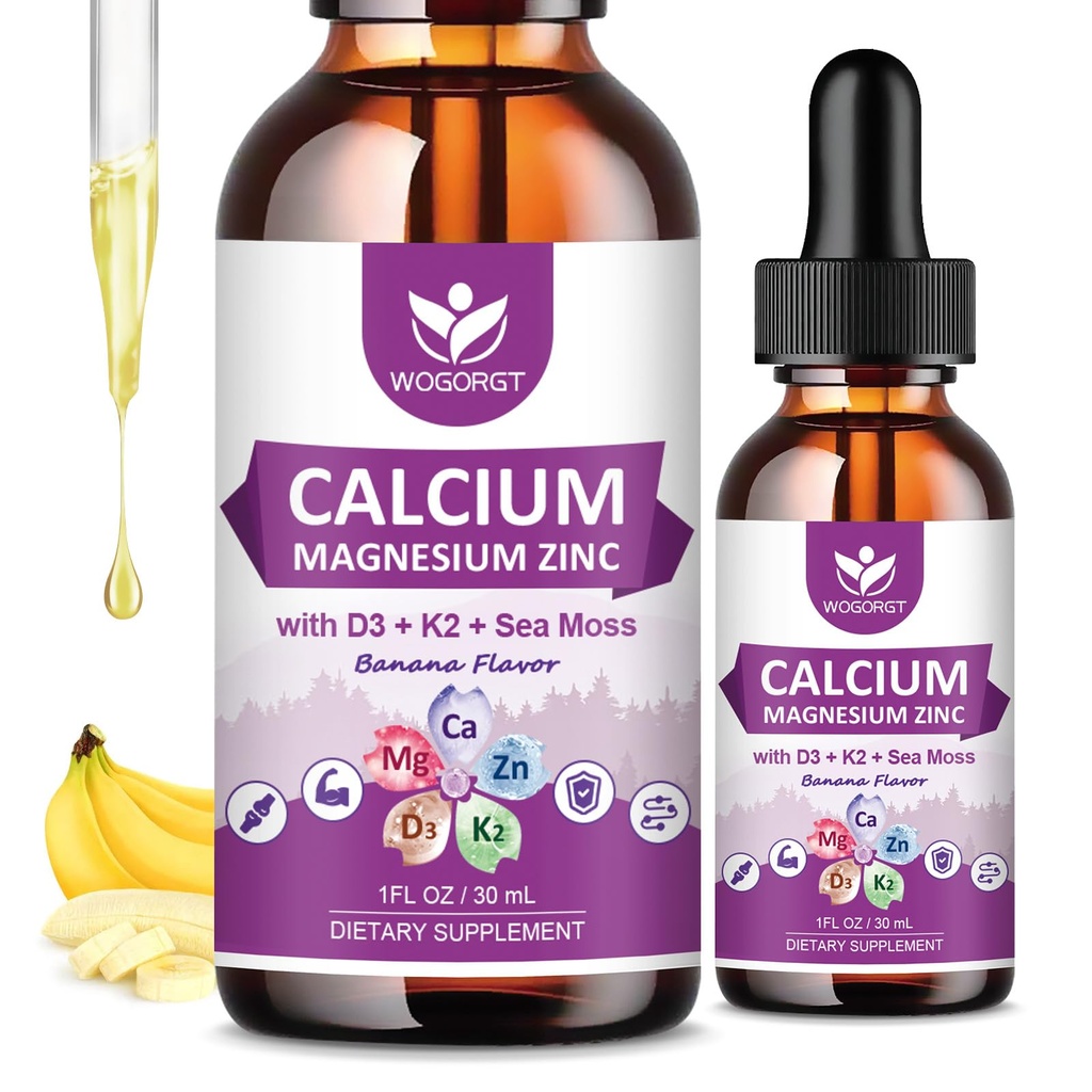 Kaltsiumtsitraat 1000mg D3-vitamiiniga naistele ja meestele - vedel kaltsiummagneesium tsink D3 K2 lisand luudele, hammaste tugi, suhkruvaba, vegan, banaanimaitse - 1 Fl Oz (2 Pack)