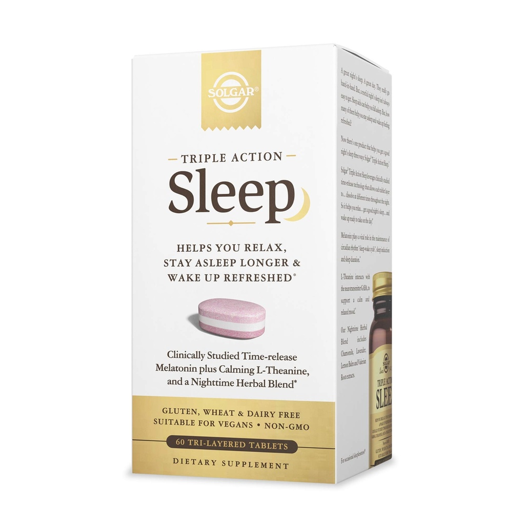 Solgar Triple Action Sleep, 60 Tri-Layer Tablett - Time-Release Melatoniin & L-Theanine Plus Taimne segu - aitab teil lõõgastuda, langeda kiiresti ja jääda kauem magama - mitte-GMO, gluteenivaba - 60 serveerimist