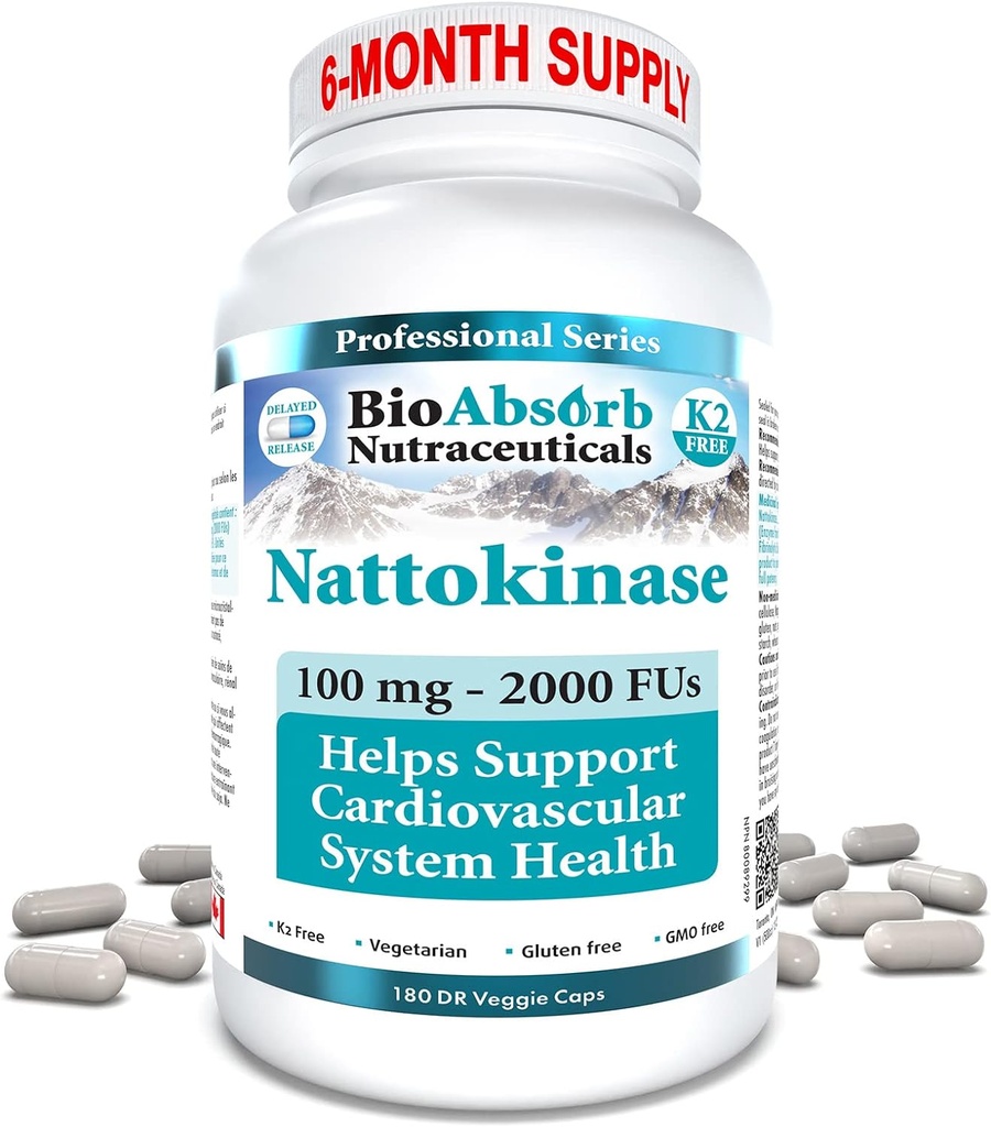 Bioabsorb Nattokinaasi Supplement. 100 mg, 2000 FUs. 6-kuuline varu, mitte-GMO Natto ekstraktensüüm (180 Veggie Caps)