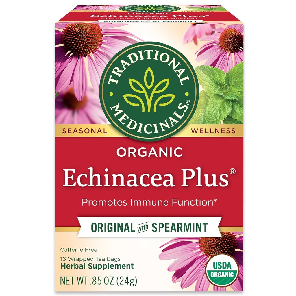 Traditsioonilised ravimid Orgaaniline Echinacea Plus koos Spearmint Taimne tee, soodustab immuunsüsteemi funktsiooni, (pakk 1) - 16 teekotid