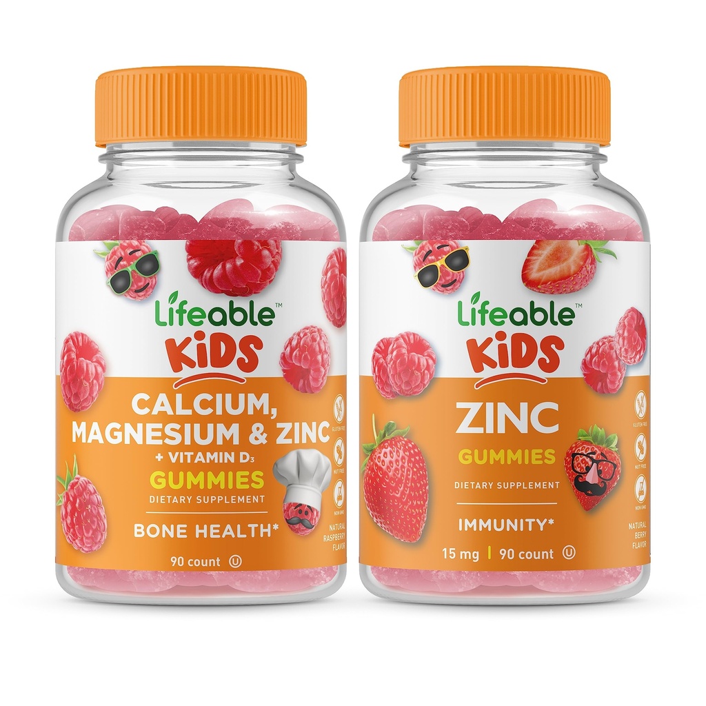 Elujõuline Kaltsium Magneesium & Tsink Lapsed + Tsink Lapsed, Gummies Bundle - suurepärane maitse, vitamiinilisand, Gluteenivaba, GMO-vaba, närimiskumm