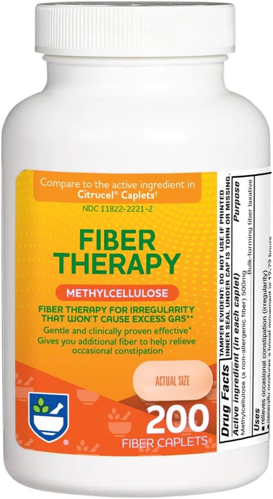 Rite Aid Fiber Therapy Lahustuv Fiber Supplement 200 Caplets, 500mg Metüültselluloos, kõhukinnisuse lahtistid, Fiber pillid täiskasvanutele