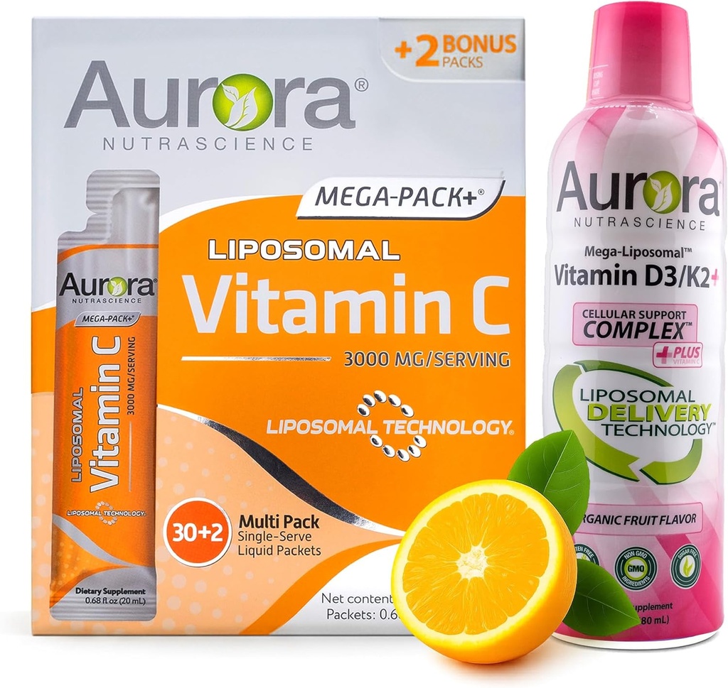 Aurora Nutrascience Mega Liposomaalne Vitamiin C 32 Pack + Vitamiin D3/K2 Pudelikomplekt - Immuunsüsteemi toetamise ja kognitiivse tervise täiendus - 32 Servings Iga