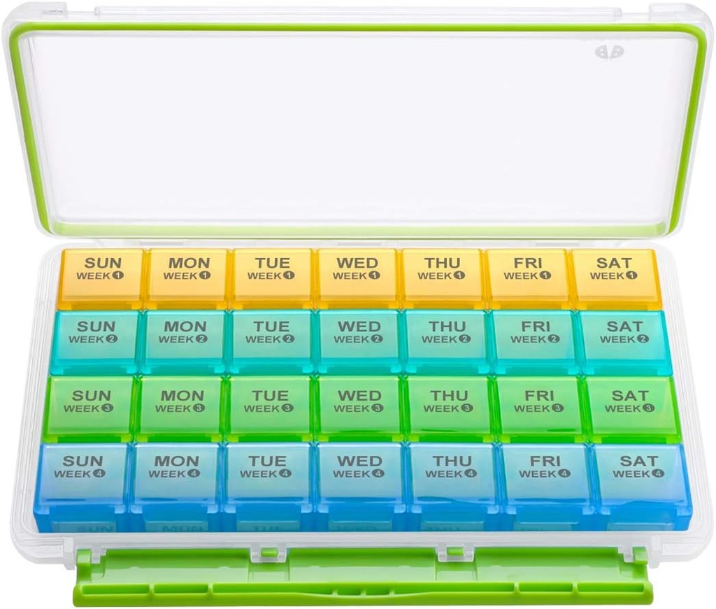 BUG HULL igakuine pillide korraldaja , niiskus- Tõestus Suur 28 päeva Pill Box eemaldatav 4 nädalat Pill Case Rows , Medicine Pill Korraldaja , Travel Pills Korraldaja ühe kuu pillide konteiner vitamiini