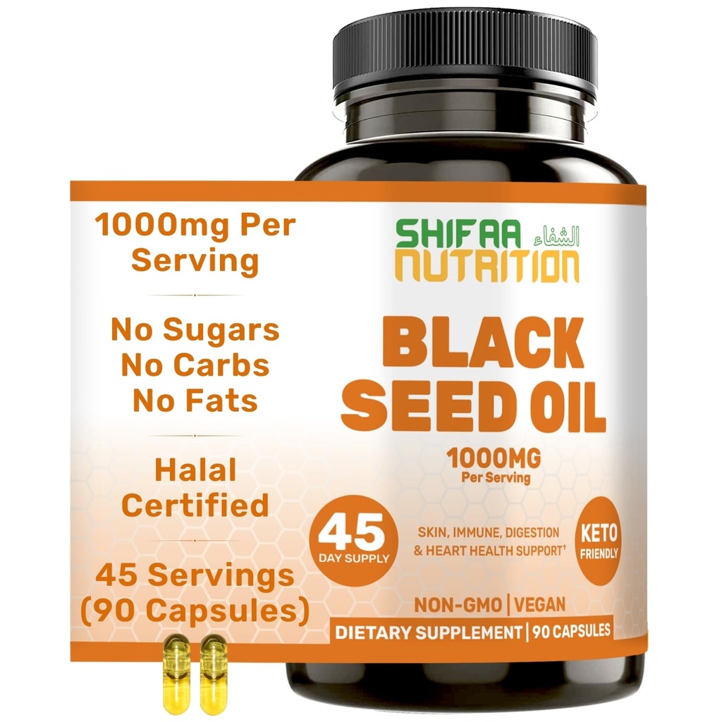 SHIFAA TOITMINE Halal Black Seed Oil | 1000mg 45 Servings | Nigella Sativa, Kalonji | Toetab juukseid, nahka, liigeseid, immuunsust, südant, seedimist