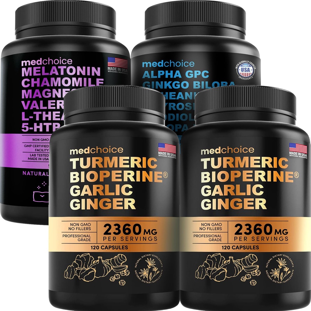 MEDCHOICE kurkum ja ingver (240ct), une melatoniin (90ct) ja nootroopne aju (60ct) täienduspakett - tervise trio aju, une ja immuunsuse toetamiseks - vegan, mitte-GMO, gluteenivaba