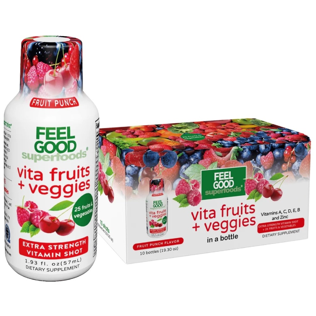 FeelGood Superfoods Vita Puuviljad ja Köögiviljad Immuunsüsteemi tugi Shot toidulisandeid, Puuvilja Punch Maitse, Pakend 10 Immunity Shots, Immuunsüsteemi Booster Jook valmistatud 25 Mahepõllumajanduslik Puu- ja Köögiviljad