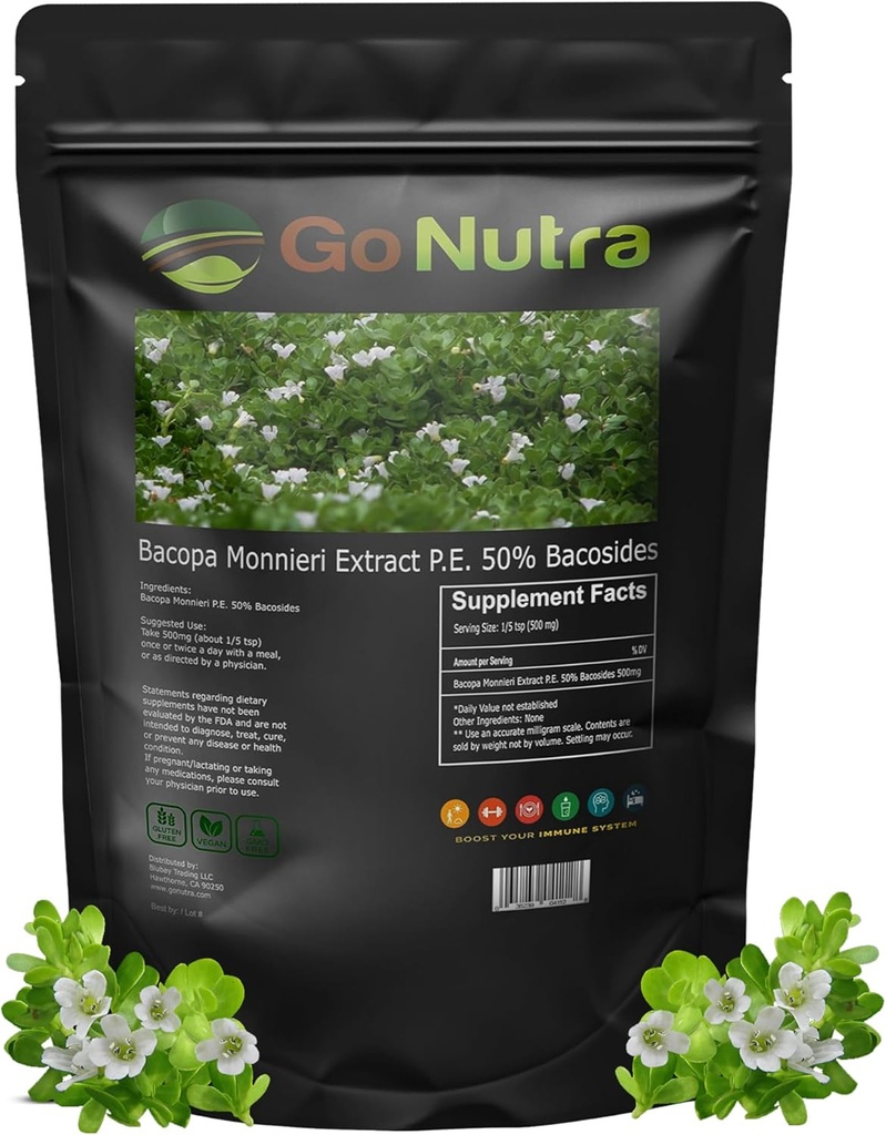 Go Nutra Bacopa Extract Pulber (Bacopa Monnieri) 50% Bacosides - taimse ekstrakt Brahmi Supplement (8 oz.)