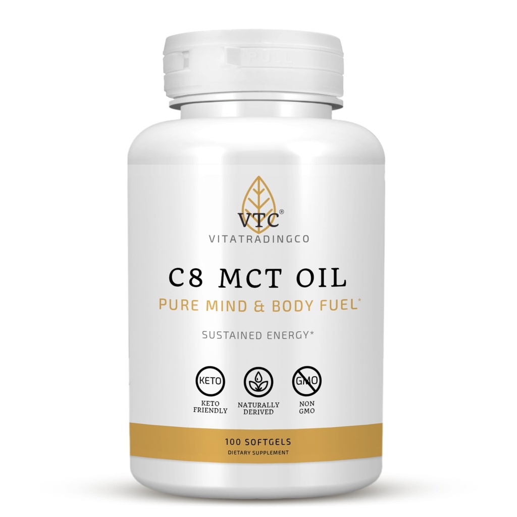 VTC VitaTradingCo. C8 MCT õlikapslid | Looduslikult saadud kaprüül C8 lisand | Kookosõli pillid | Püsiv energia | Keto Sõbralik, Non GMO | 100 Softgels