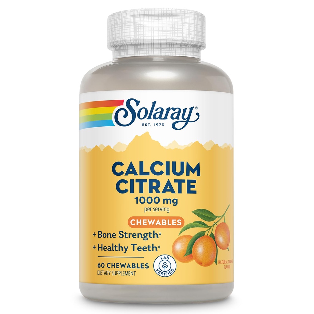 Solaray Calcium Citrate 1000 mg, Natural Orange Maitse Keleeritud Kaltsiumilisandi Luude Tugevus, Hambad, Närvi, Lihaste Ja Südamefunktsiooni Toetus, 60-päevane Garantii, 15 Servings, 60 närimiskummi