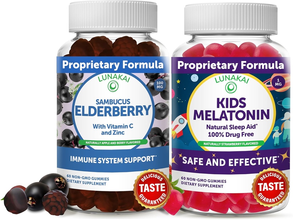 Lunakai Täiskasvanud Elderberry ja Lapsed Melatoniini Gummies Bundle - Immuunsüsteemi tugi tsingi ja C-vitamiini täiskasvanutele ja lastele - Mitte-GMO, Vegan, Gluteenivaba Natural Sleep Gummy