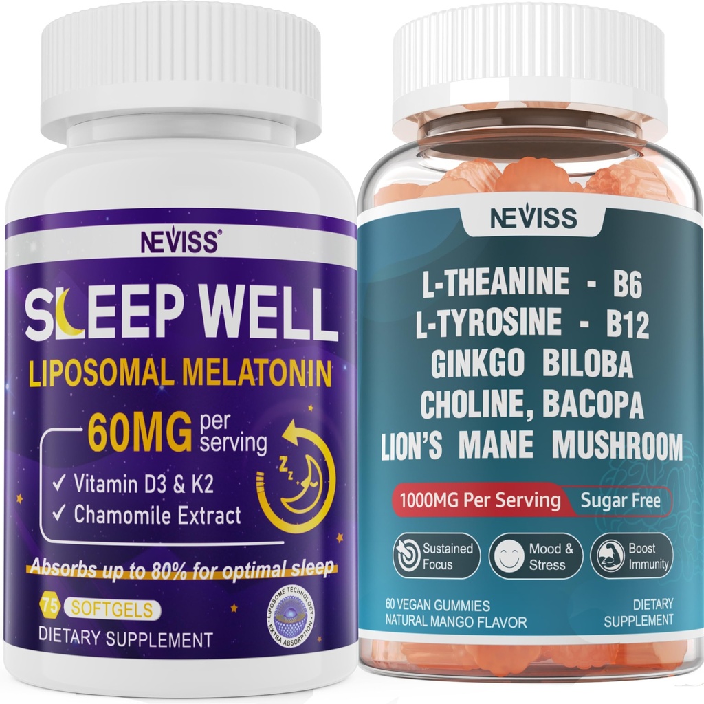 NEVISS L-türosiin Gummies & Melatoniin 60mg täiskasvanutele Bundle