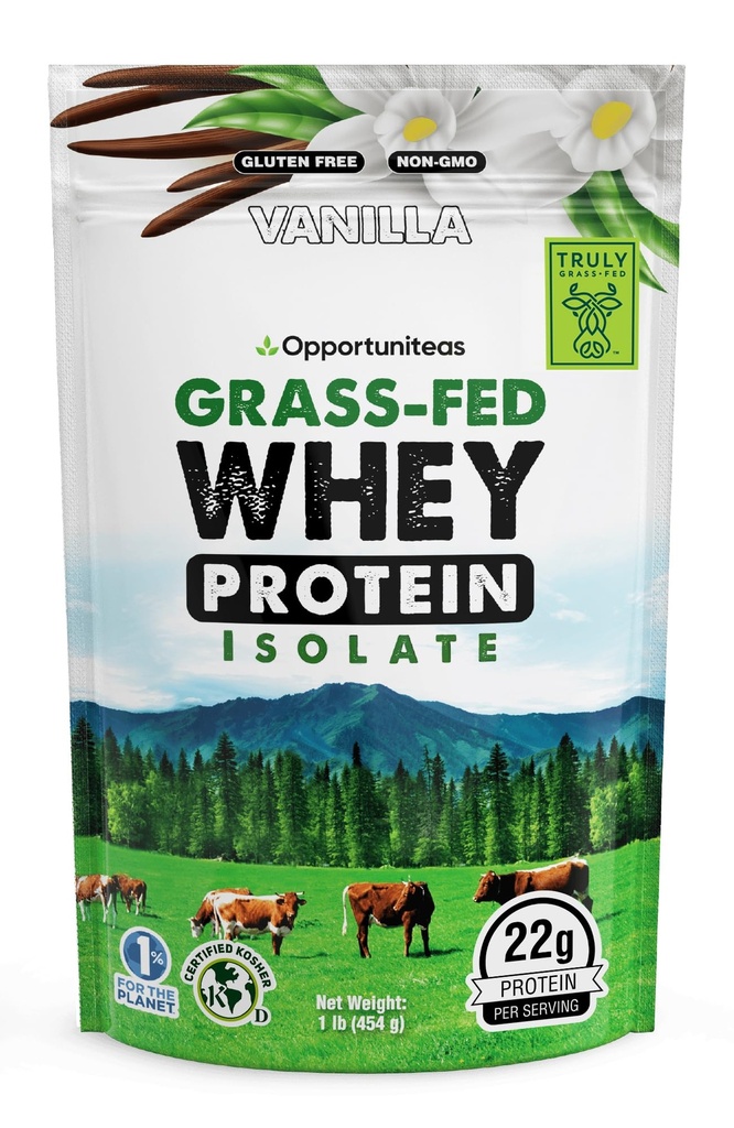 Opportuniteas Grass Fed Vanilla Vadakuvalk Isolaatpulber - 22 g valgupulber ilma kunstlike magusaineteta, hormoonivabad lehmad, Non GMO - 1lb