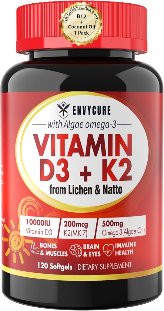 Taimne Vitamiin D3 K2 Täiendus Softgel - Vit D3 10000 Iu + Vitamiin K2 Mk7 200 Mcg, Vetikad Omega-3, Magneesium, Vitamiin B12 Luu ja lihaste jaoks, Immuunsüsteemi tugi, Max Absorption, Lihtne neelata 1pack