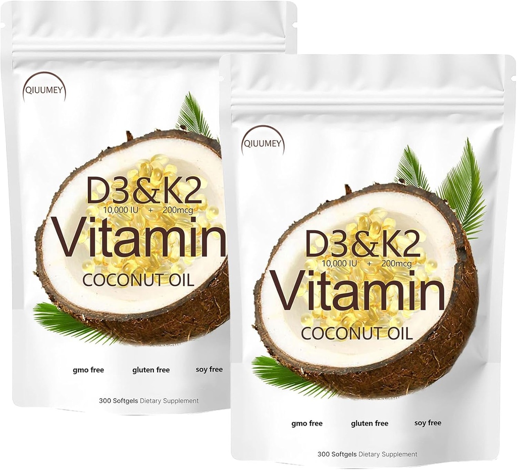 D3 + K2 Kookosõli Pehme geelid, Vitamiin D3 10000 iu Plus K2 (MK-7) 200 mcg, Vitamiin D3 K2 Supplement Softgels, Replenish Vitamiin D3 K2 Kookosõli Softgels 300 Gels