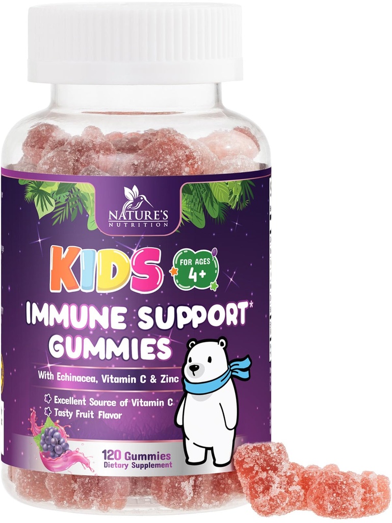 Immuunsüsteemi tugikummid lastele, kellel on C-vitamiin, tsink ja Echinacea - laste igapäevane immuunsuse tugikummi lisand, vanuses 4 ja üles, looduse lapse vitamiinid Gluteenivabad ja mitte-GMO - 120 kummikut