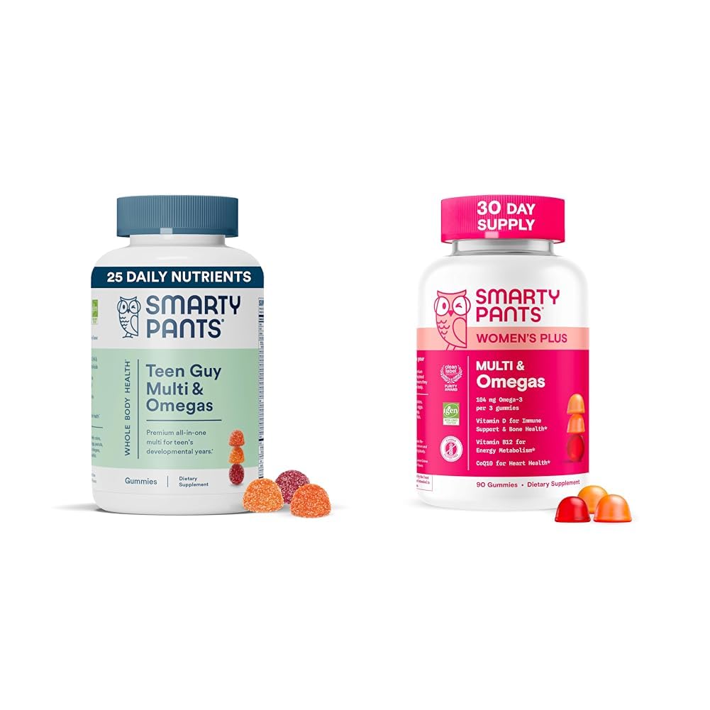 SmartyPants Naiste ja Teen Guy Multivitamiin Gummies Bundle: Omega 3 (DHA / EPA), Metüülfolaat, CoQ10, D3-vitamiin, C-vitamiin B12, B6, A-vitamiin, K & tsink, Gluteenivaba (30 päeva pakkumine)