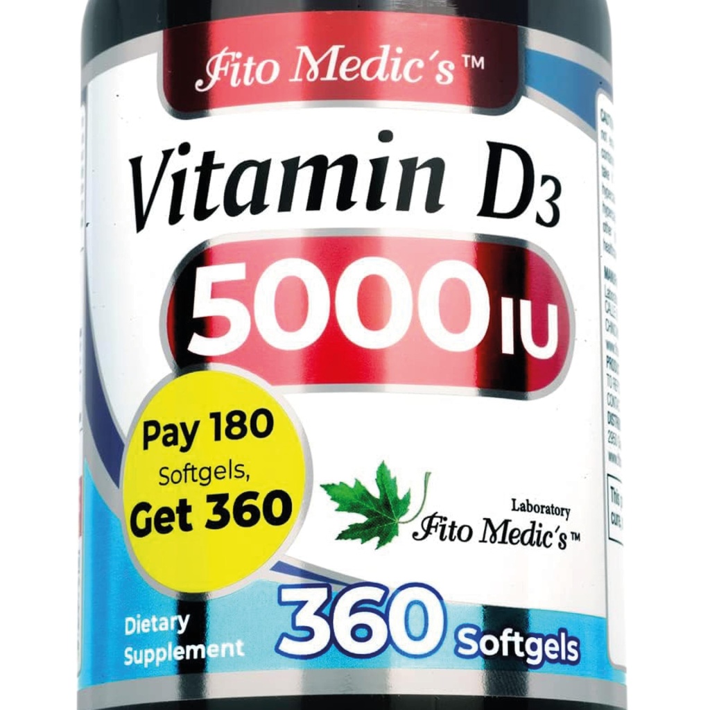 FITO Medikament Lab - Vitamiin d - 5000 IU - Vitamiin D3-360 Softgels - Vitamiin D3 5000 Iu - Luu, Hammaste, Lihaste ja Immuunsüsteemi Tervisetoetus, Ultra kõrge imendumine, vitamiin D3.