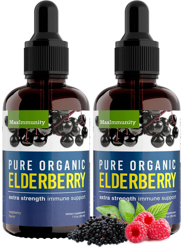 Orgaaniline Elderberry siirup, 60 päeva pakkumine, mustad vedelikutilgad immuunsuse toetamiseks, Sambucus Elderberry siirup - vedel ekstrakti tilgad lastele ja täiskasvanutele - ekstra tugevus (2 Pack)