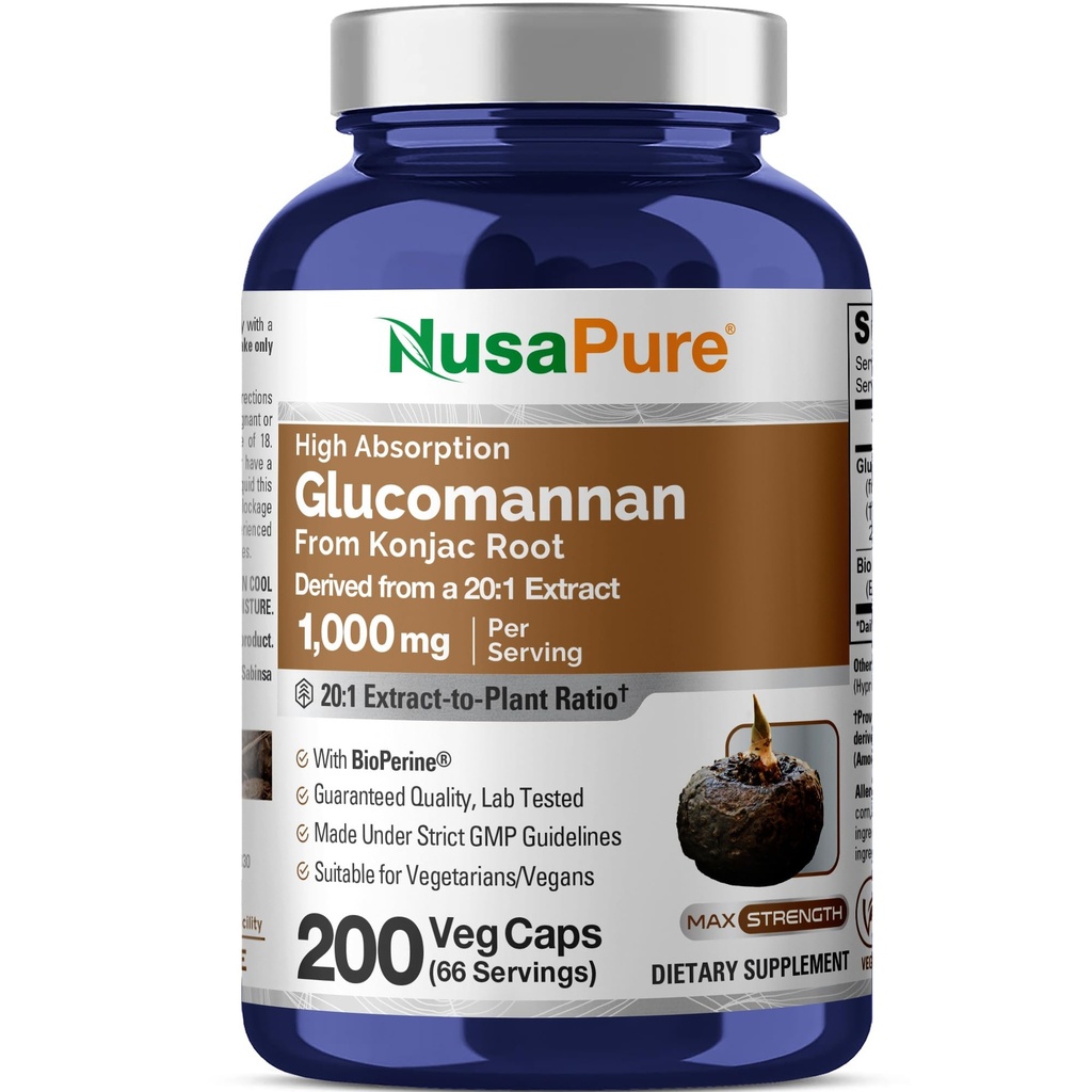 NusaPure Glucomannan 1000 mg/ Serving 200 Veg Caps (BioPerine, Non-GMO, Vegan) Konjac Root
