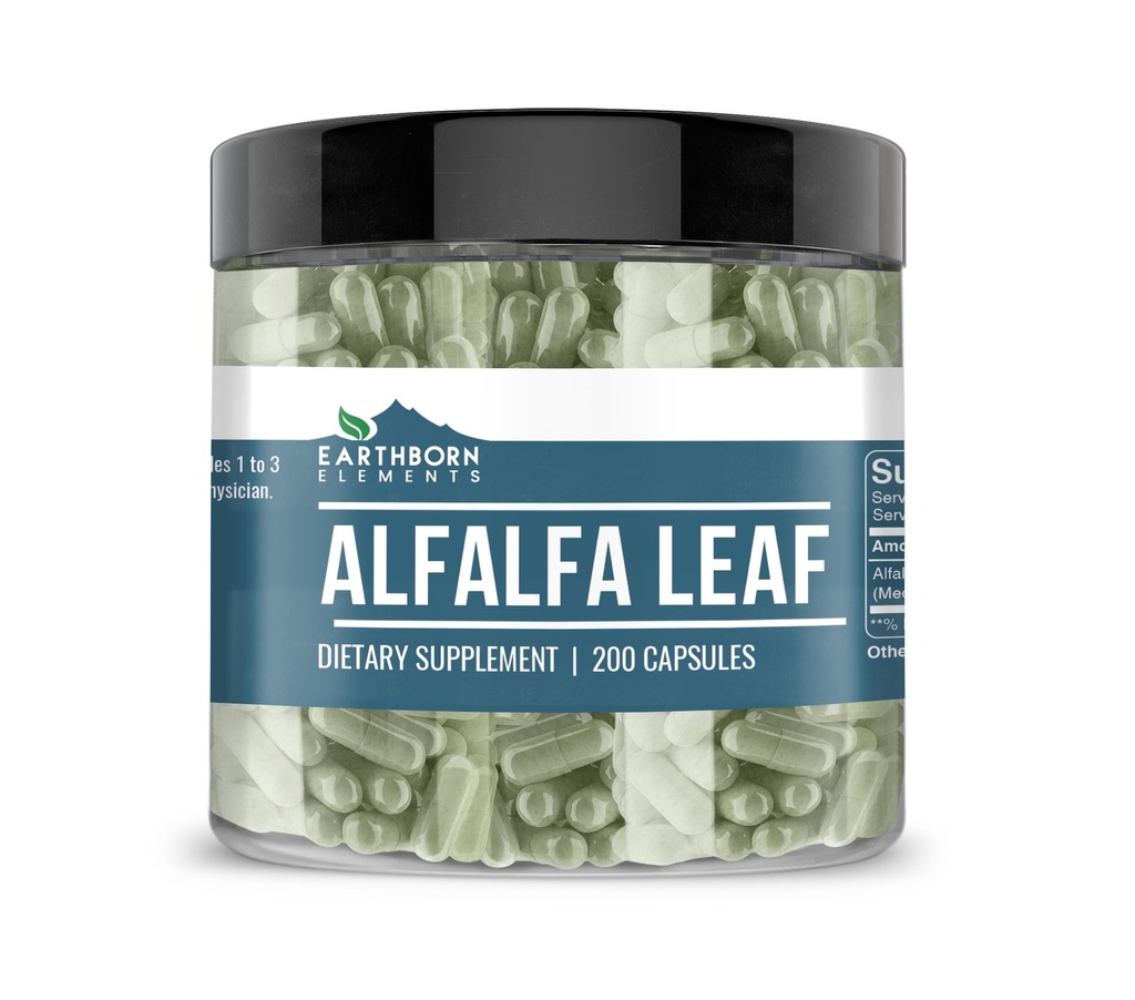 Maapealsed elemendid Alfalfa Leaf 200 kapslid, puhtad ja lahjendamata, lisaaineteta