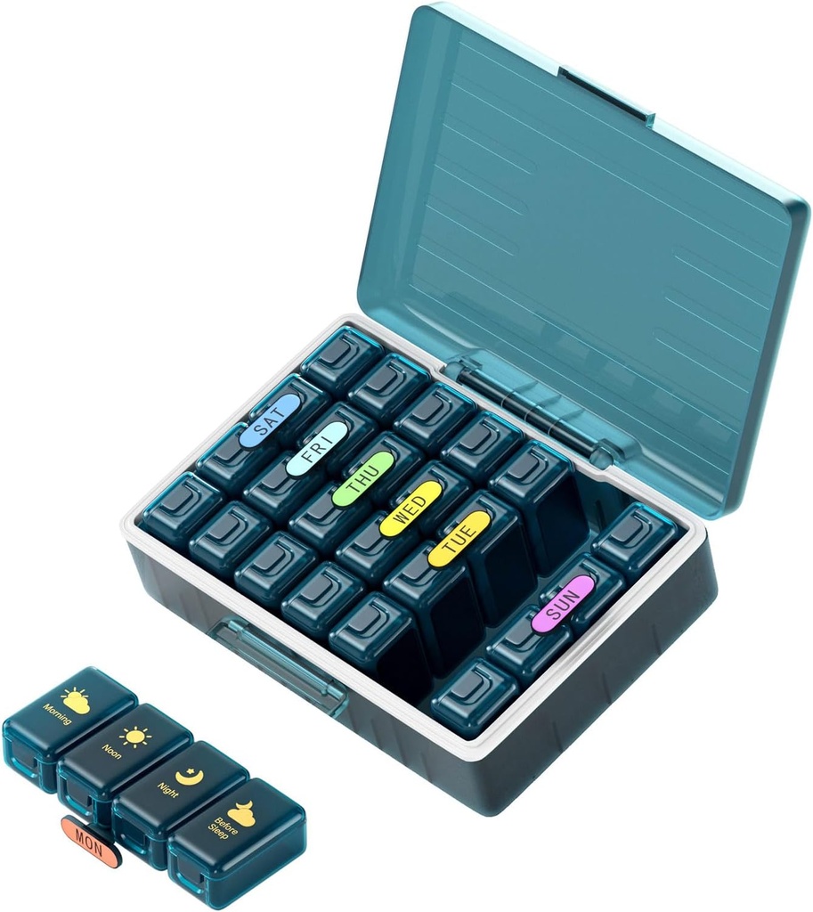 Iganädalane pillide korraldaja 4 korda päevas, suured osad Pill Box 4X 7 päeva, meditsiin Korraldaja Pill Case Pills / Vitamiinid / Kalaõlid / Ravimid / Toidulisandid (4x7 Blue)