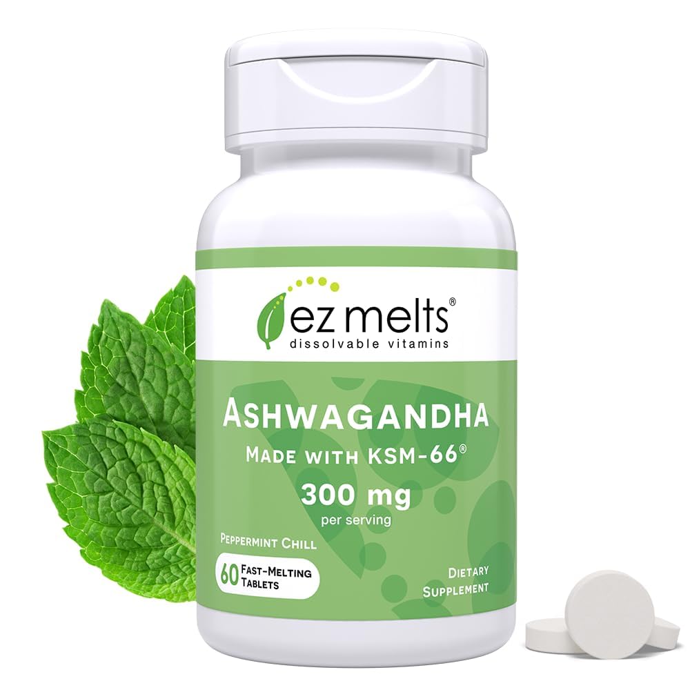 EZ sulab lahustuva KSM-66 Ashwagandha, 300 mg, suhkruvaba, stressi, puhke- ja meeleolutoetus, 30-päevane pakkumine, piparmünt Chill-Flavor - 1 pakend