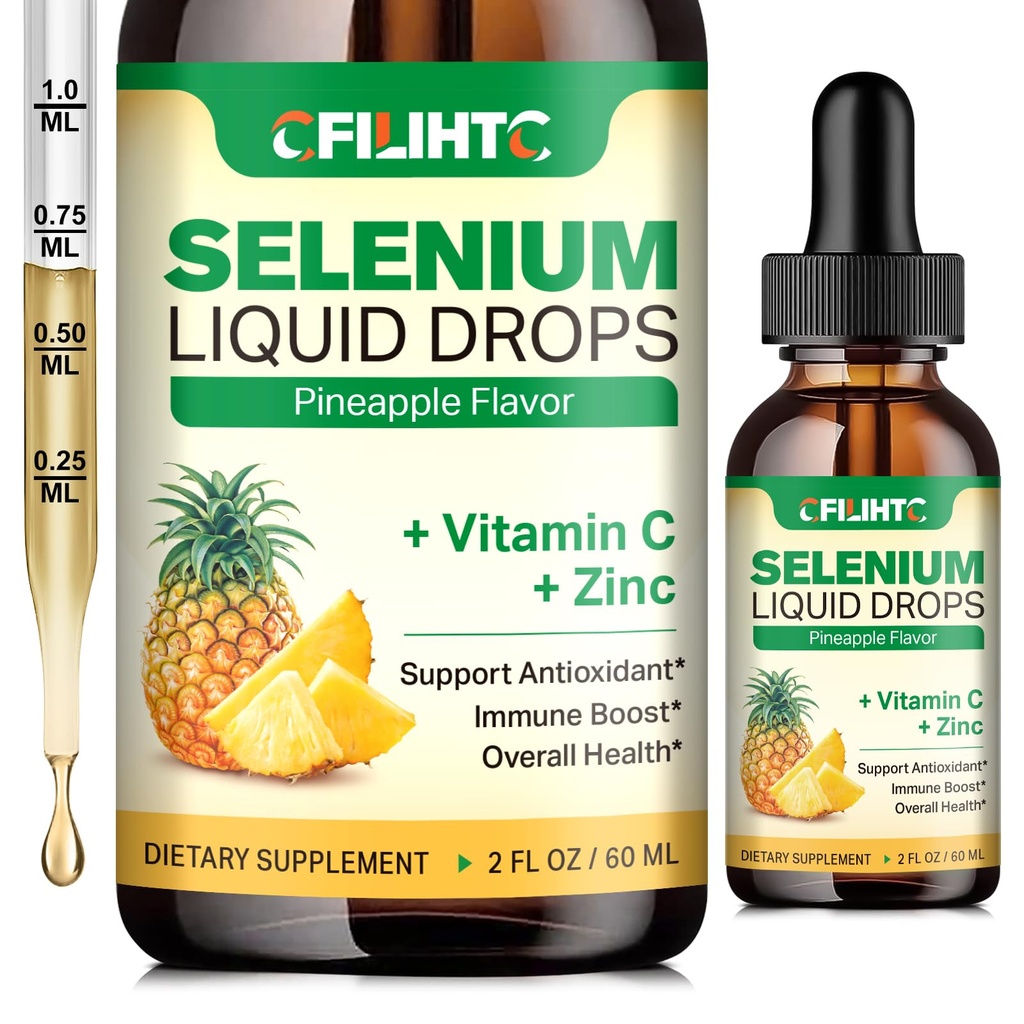 Selenium Vedel Tilgad, 200mcg Vedel Seleenilisand C-vitamiini ja tsingiga, immuunsüsteemi toetamine, antioksüdant ja südame tervis, kõrge imendumine, ananassimaitse, 2 Fl Oz