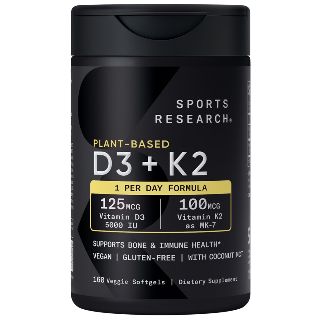 Spordiuuringud Vitamiin D3 K2 koos 5000iu taimepõhise D3 ja 100mcg vitamiini K2 kui MK-7, Non-GMO kontrollitud ja Vegan Certified - 160 Vedel Softgels