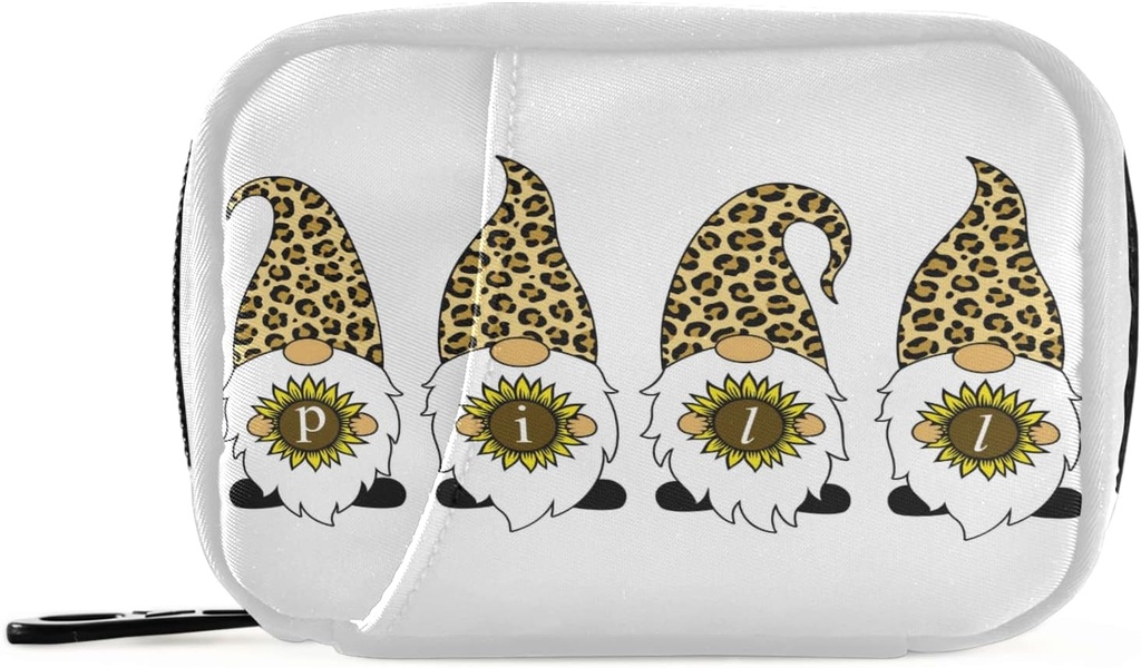 Leopard Gnomes Päevalille Pill Box 7 Day Pill Case Travel Pill Korraldaja kott koos Zipper Portable Weekly Case Compact Suurus Vitamiini täienduse hoidja