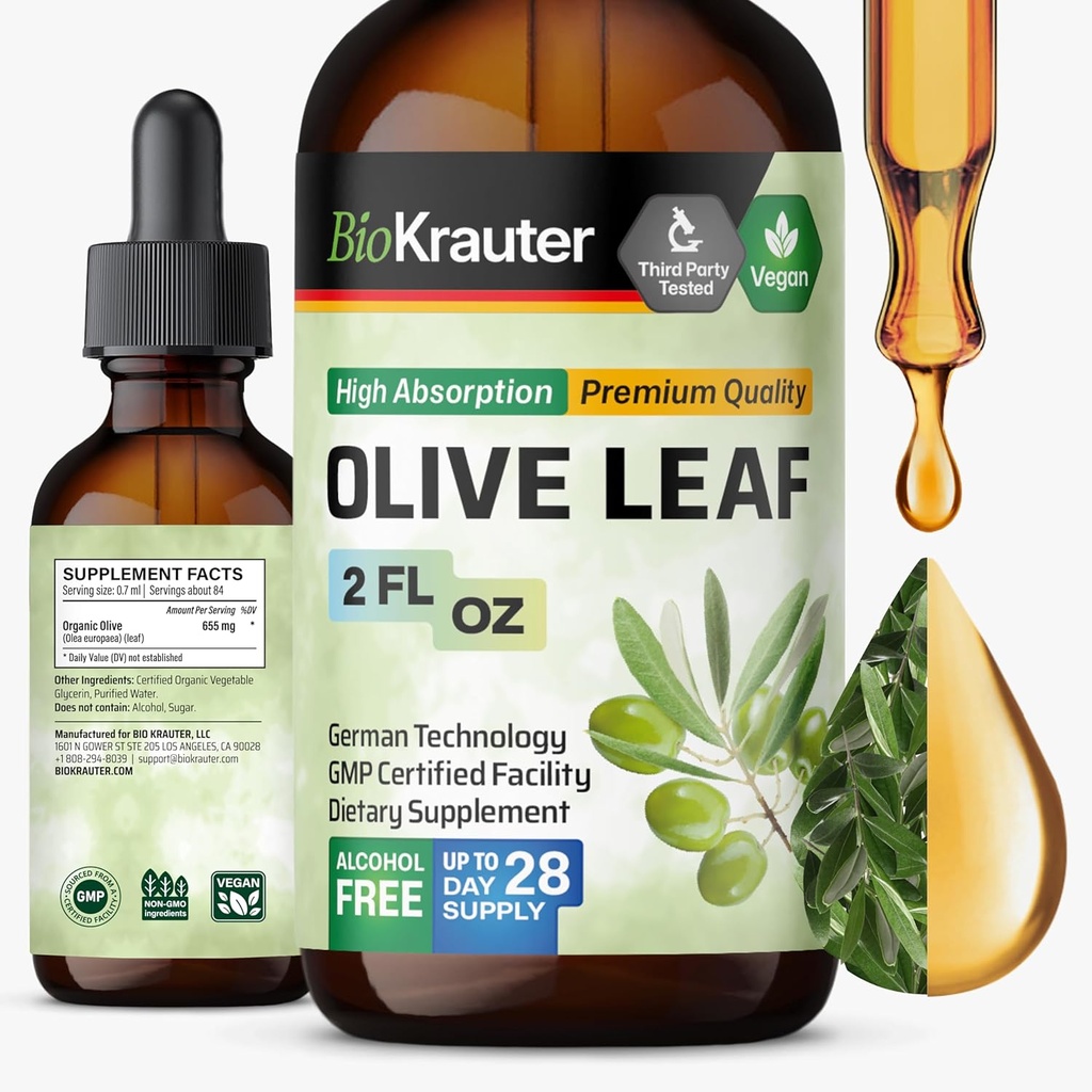 BIO KRAUTER Oliivilehe ekstrakt Vedelik - Oliivilehe tinktuur immuunsuse toetamiseks - Alkohol ja suhkruvaba - Vegan langeb 2 Fl.Oz.