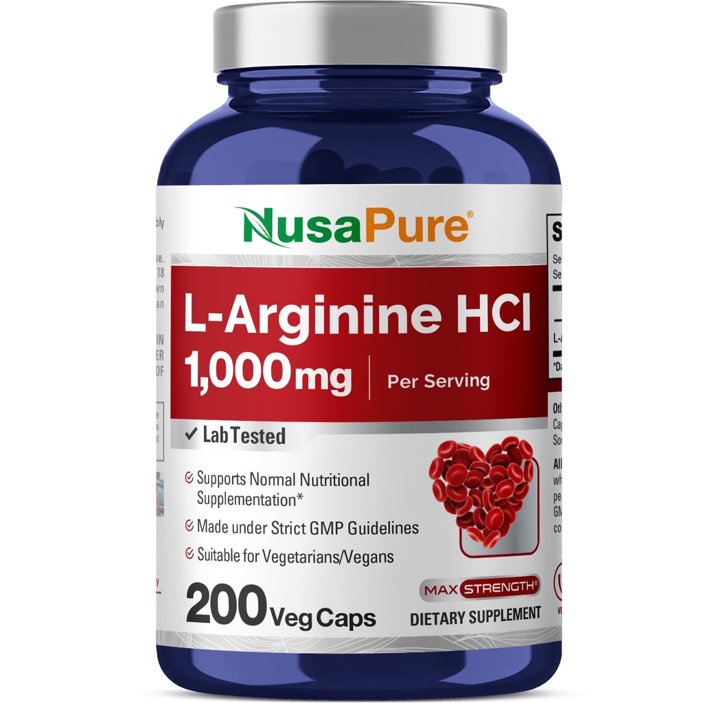 NusaPure L- Arginine 1000 mg 200 Veggie kapslid (GMO-väline, taimetoitlane, vegan)