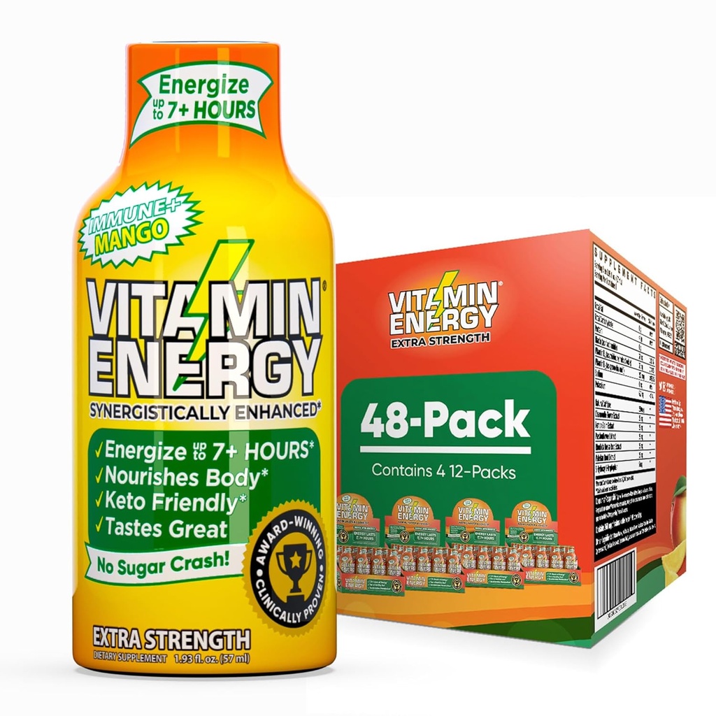 Vitamiinenergia Immuunsus + ekstra tugevus Energia Shot Mango 48 Pack, 260mg looduslik kofeiin, B-vitamiinid, tsitikoliin, roheline tee, immuunsuse ja fookuse toetus, null suhkur, gluteenivaba 1,93 fl oz