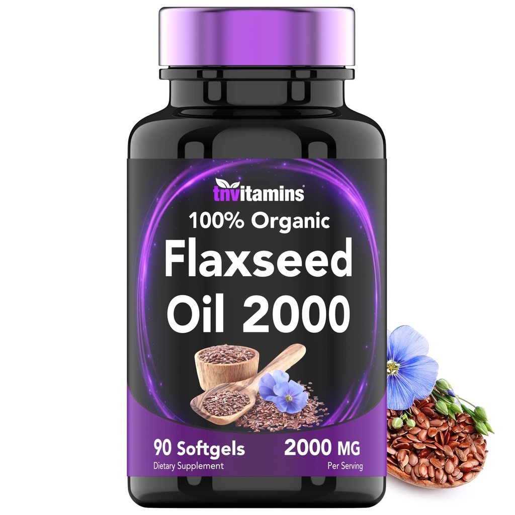 tnvitamins Organic Flaxseed Oil Softgels: 2000 mg - 90 Softgels | High in Omega-3 Fatty Acids | Flaxseed Oil Supplement for Women & Men | Non-GMO
