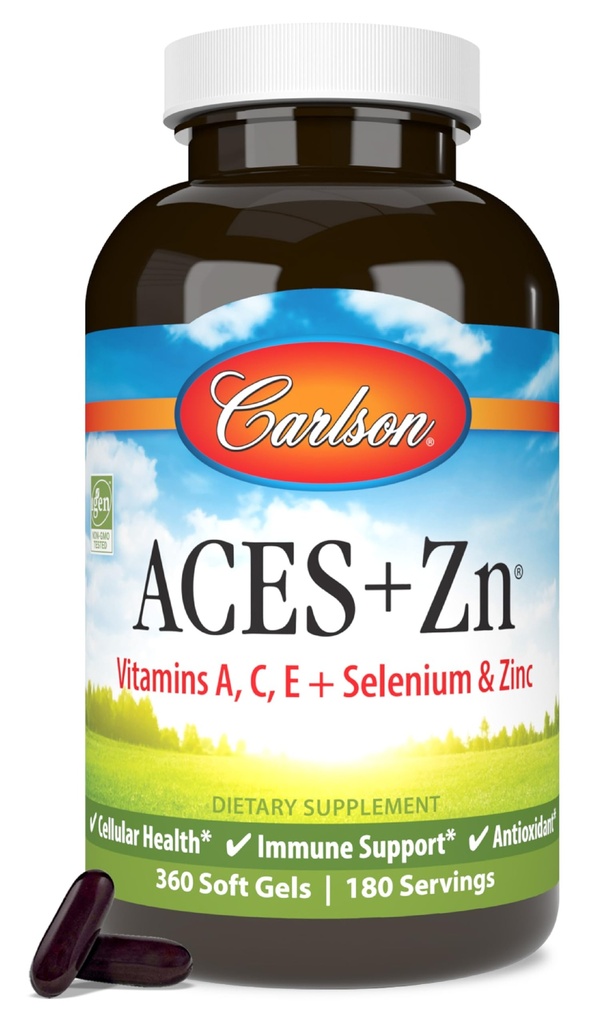Carlson - ACES + Zn, vitamiinid A, C, E + Seleen ja tsink, multivitamiin koos tsingiga, raku tervise ja immuunsuse tugi, Selenium multivitamiin, antioksüdant, 360 Softgels