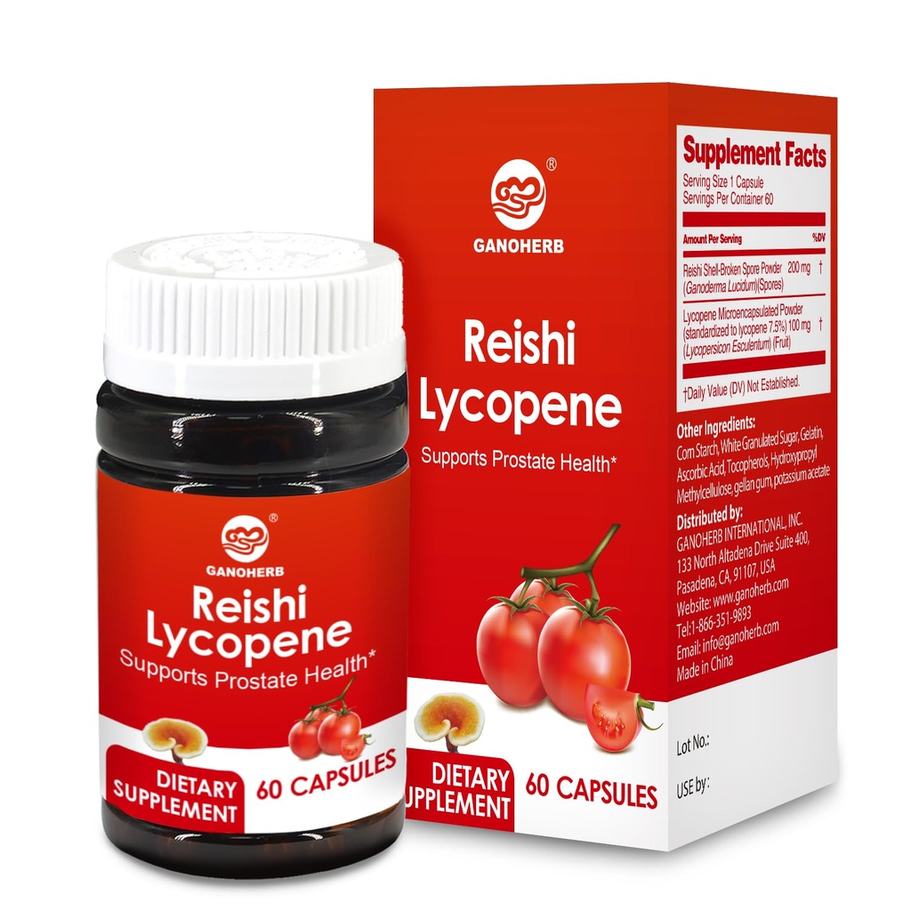 Lükopeeni täiendus 100mg, looduslik tomatiekstrakt Reishi seenega 200mg, seenekapsel immuunsüsteemi tervise jaoks, gluteenivaba, mitte-GMO, vegan, 60 kiirvabastuskapslit