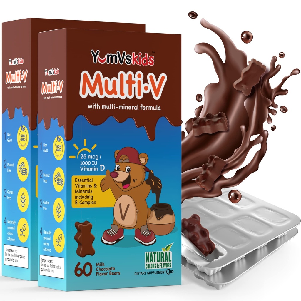 YUM-V'S - Kids Multivitamiini närimiskompvekid - Multivitamiin lastele täiendus - 16 vitamiinid ja mineraalid - vitamiinid, sealhulgas D, tsink, C, B kompleks ja rohkem, 60 loend (pakk 2)