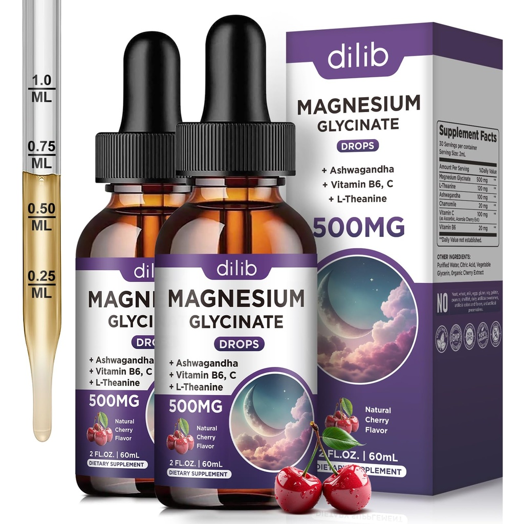 (2 Pack) Magneesiumglütsinaat Vedelik tilgad 500mg , vitamiin B6 , ashwagandha , L - Theanine , kummel , magneesiumglütsinaadi lisand Suur imendumine une, stressi, energia meeleolu - kirsi maitse