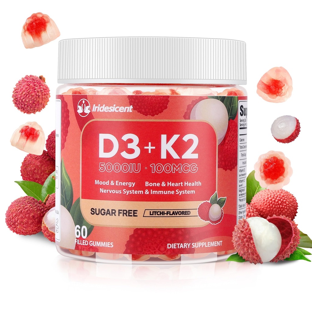 Vitamiin D3 K2 Gummies w / magneesiumsuhkur tasuta - 60 Count | D3 Vitamiin 5000 IU + K2(MK-7) 100 mcg - Vegan K2 D3 vitamiinilisand, väga imenduv toetab luu, lihased, meeleolu ja immuunsüsteem(Lychee Flavor)