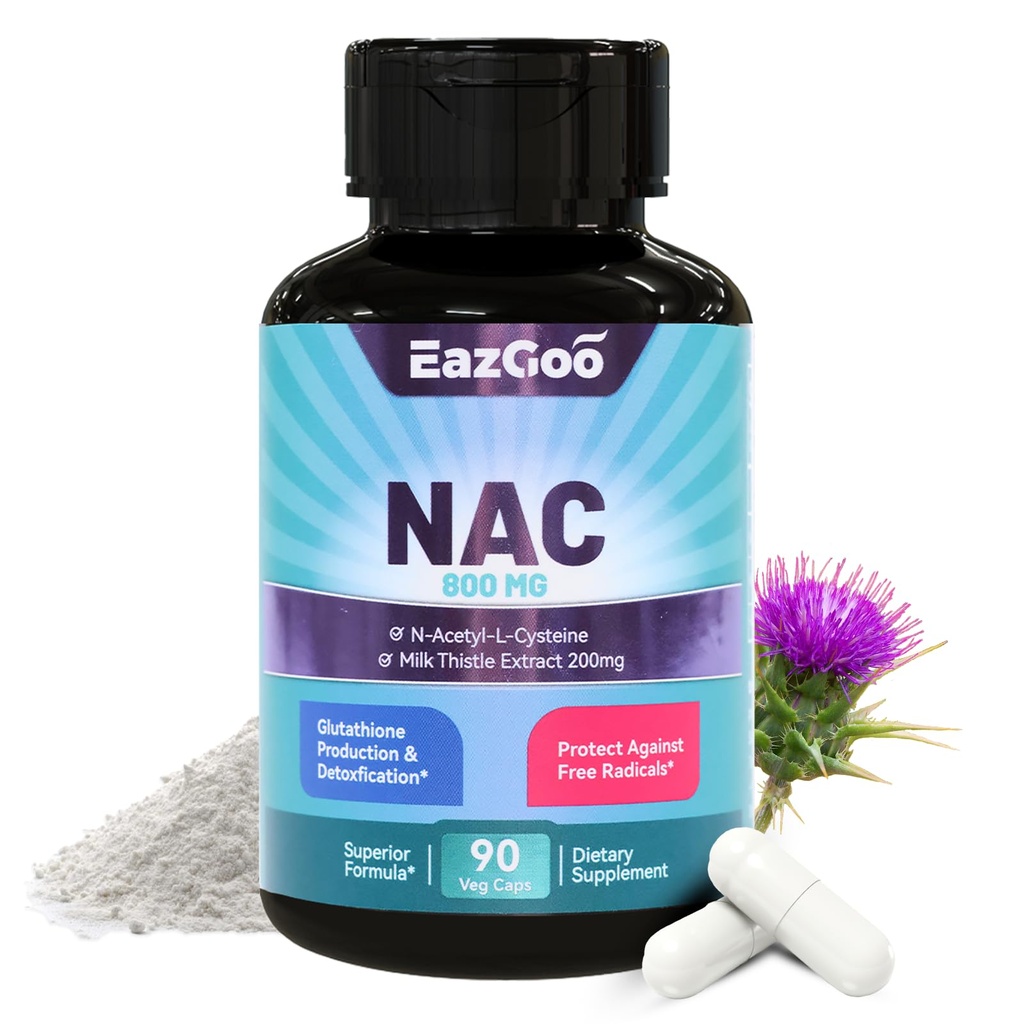NAC täiendus, N-atsetüültsüsteiini kapslid 800mg, N-atsetüüli lisand piimaohakaga 200mg, antioksüdantide tugi, vegan, GMO-vaba, NAC 90 loend (1. pakend)