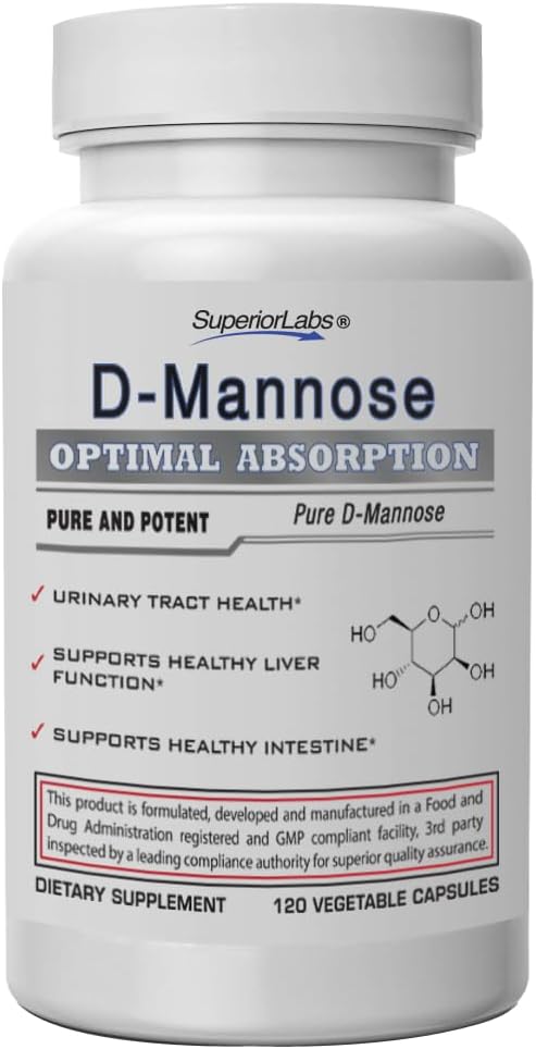 Superior Labs D-Mannose 500 mg, puhas mitte-GMO optimaalne imendumine prebiootikum, kuseteede, põie ja neerude UTI tugi, seedetrakti ja maksa terviseabi, IC Relief naistele ja meestele, 120 Veg Caps