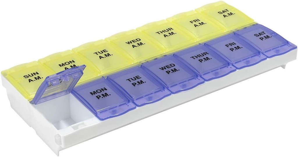 EZY DOSE (14-päevane) AM / PM pillide planeerija, meditsiinijuhtum, vitamiinide organiseerija kast, 2X-suured lukustuskomponendid retseptiravimite kindlustamiseks ja juhusliku leviku vältimiseks, värv võib varieeruda, BPA tasuta