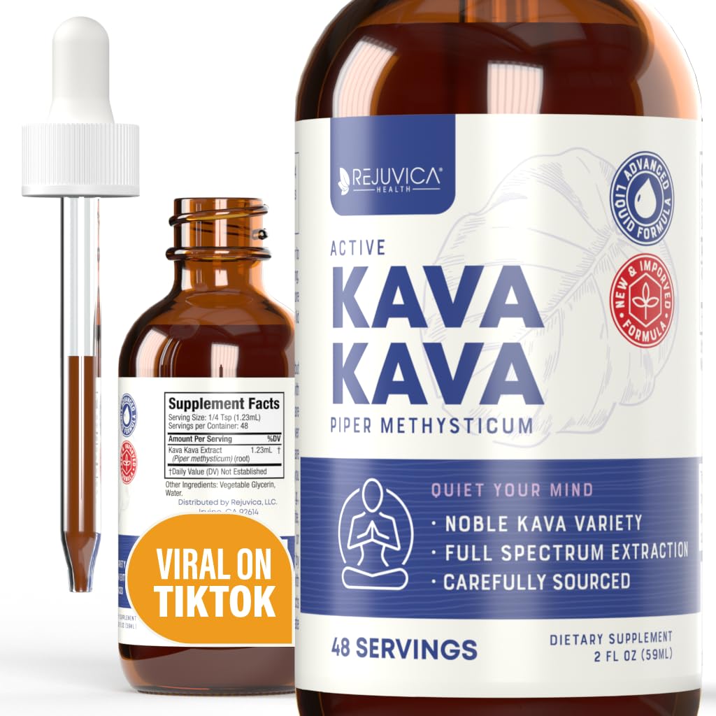 Rejuvica Health Kava Root Extract Supplement - Active Kava - Potent Lõõgastav & Calm - Vedelik Extract - Piper Methysticum - Noble Variety - Naturally Occurring Kavalactones - 48 Serving