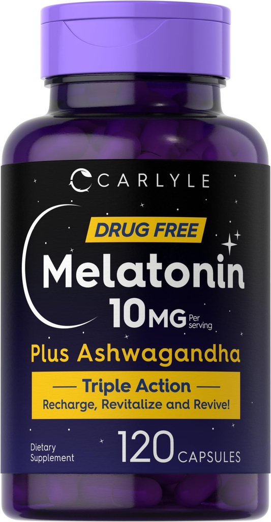 Carlyle Melatoniin 10mg | 120 kapslit | koos Ashwagandha | Kolmekordne tugevus valem | Mitte-GMO, Gluteenivaba toidulisand