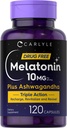 Carlyle Melatoniin 10mg | 120 kapslit | koos Ashwagandha | Kolmekordne tugevus valem | Mitte-GMO, Gluteenivaba toidulisand