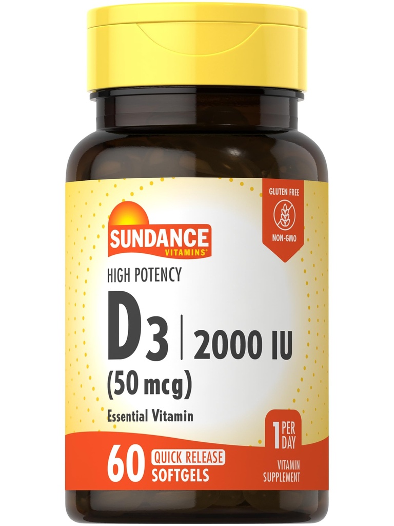 Sundance Vitamiin D3 2000 RÜ | 60 Kiiresti vabastavad softgeelid | Suure tugevusega | Mitte-GMO ja gluteenivaba toidulisand