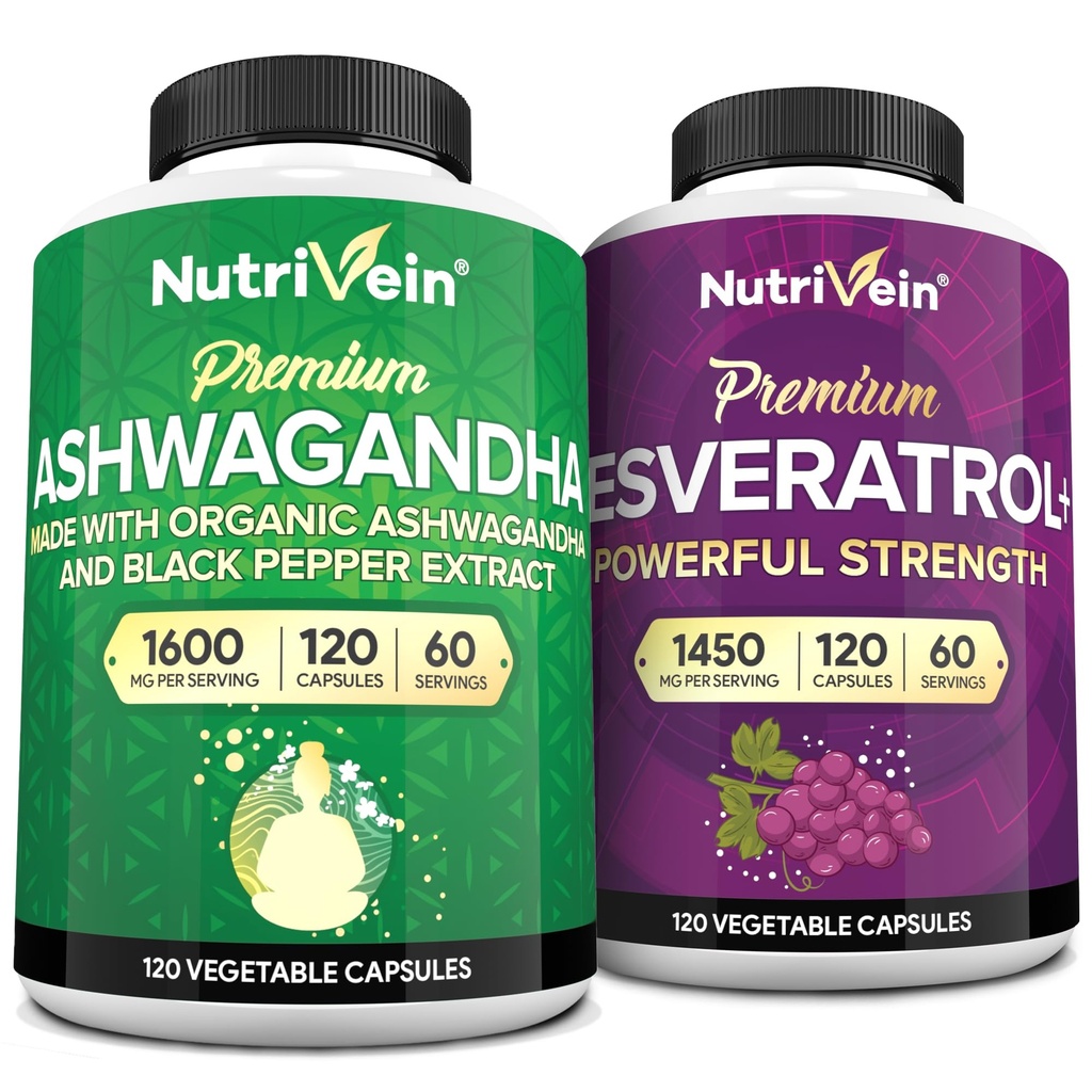 Nutrivein Premium Ashwagandha kapslid ja resveratrooli lisakomplekt: suure imendumisega resveratrooli kapslid ja Ashwagandha lisandid tasakaalu, elujõulisuse ja parandamise jaoks