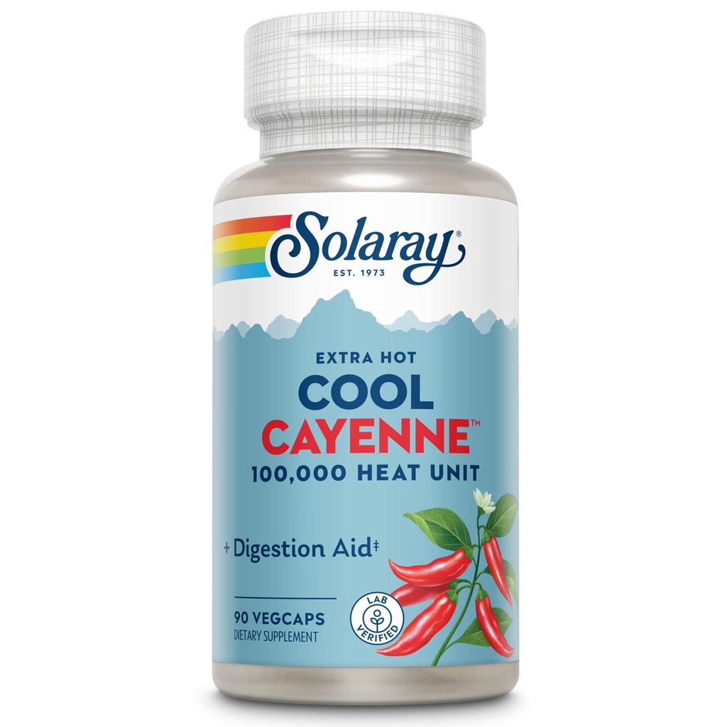 SOLARAY Extra Hot Cool Cayenne 100 000 HU - traditsiooniline rahvahooldus ja seedimisabi - Bio-Cool protsess - Lab Verified, GMP Facility, 60-päevane garantii - 45 Servings, 90 VegCaps