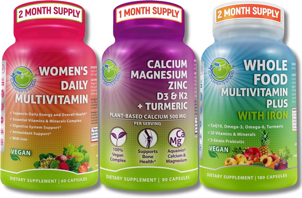 Vegan Multivitamiinid & Kaltsium Trio - Terve toit Multivitamiini Raud + Naiste Päeva Multivitamiini Raud + Taimne Kaltsium, Magneesium, Tsink, D3, K2 & Kurkum - Energia, Luu Ja Immuunsüsteemi Toetus